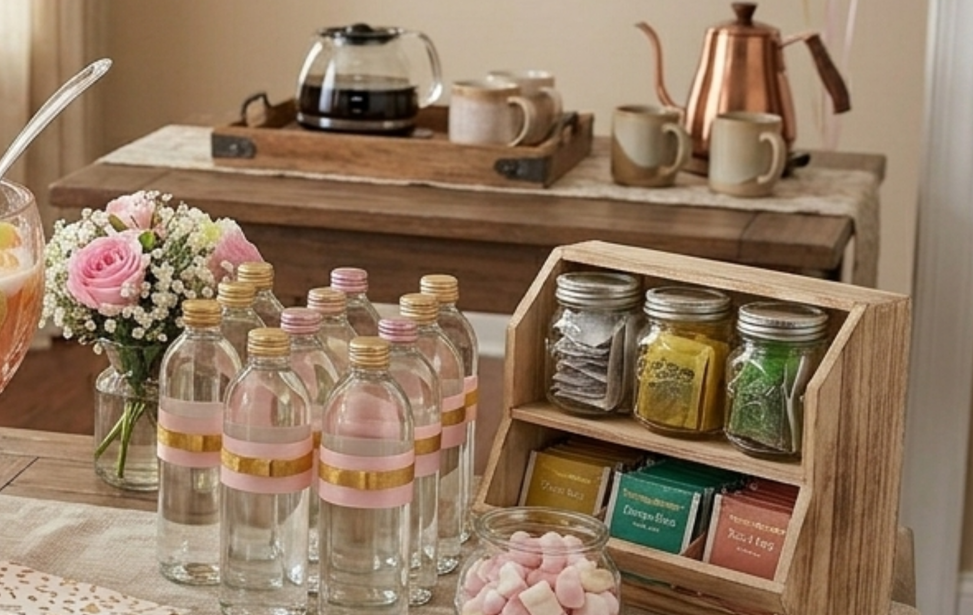 beautiful baby shower drinks table setup with punch bowl, dispensers, and garnishes