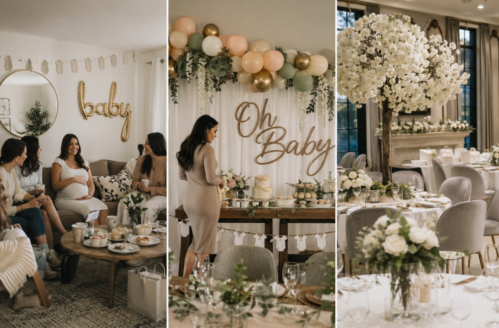 three baby shower budget tiers side by side from cozy home setup to elegant upscale venue
