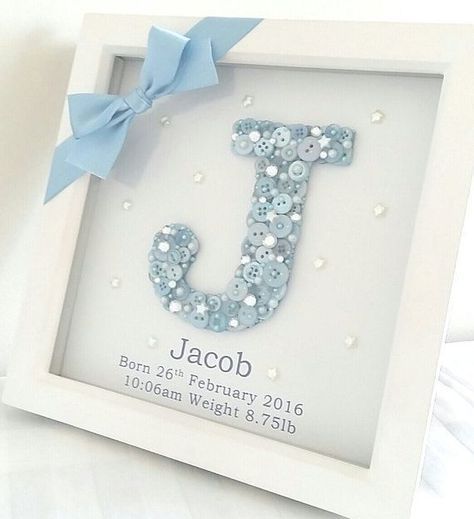 Blue button letter sign for a baby gift