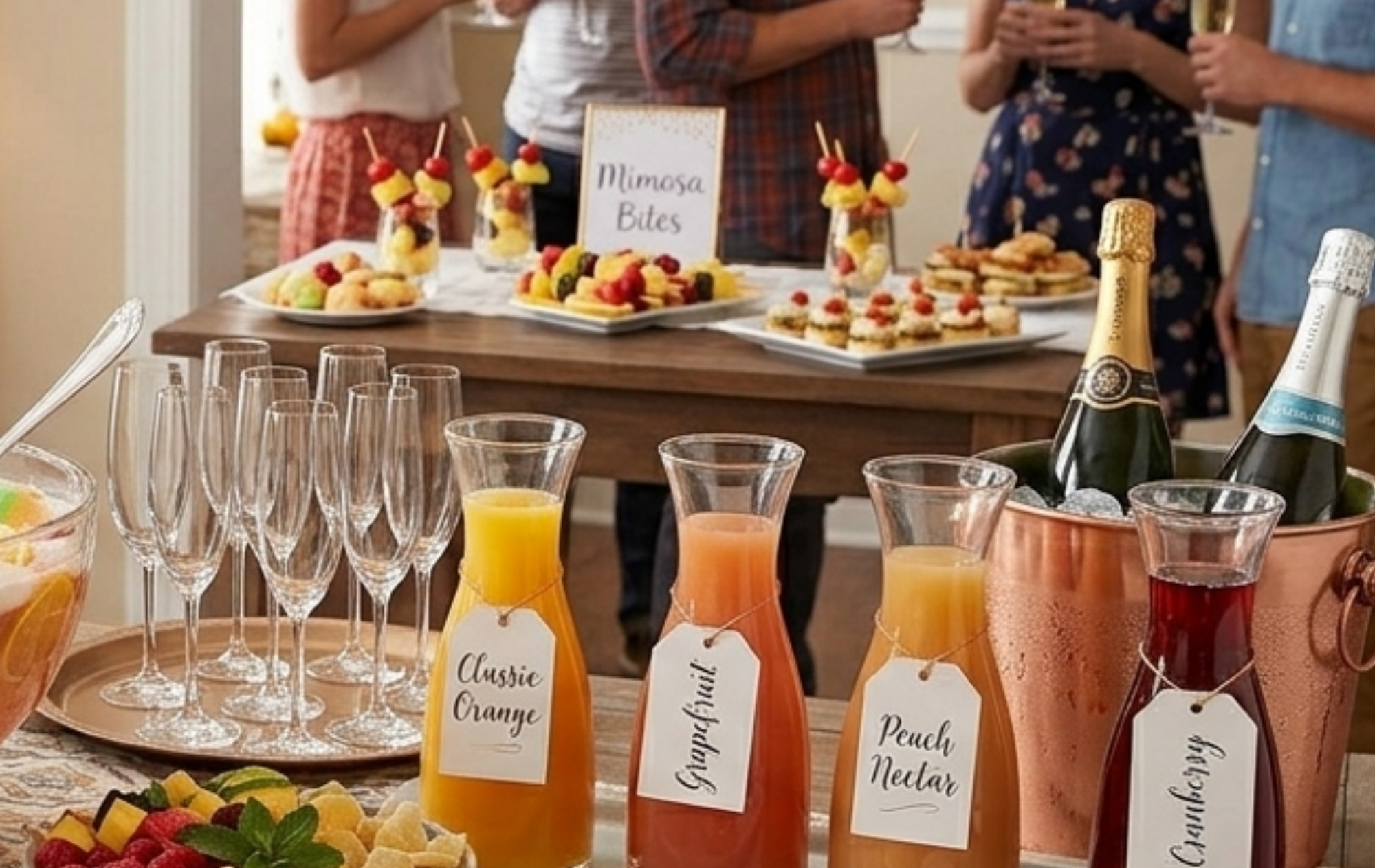 mom-osa bar setup for baby shower - non-alcoholic mimosa bar with sparkling juice and fresh fruit