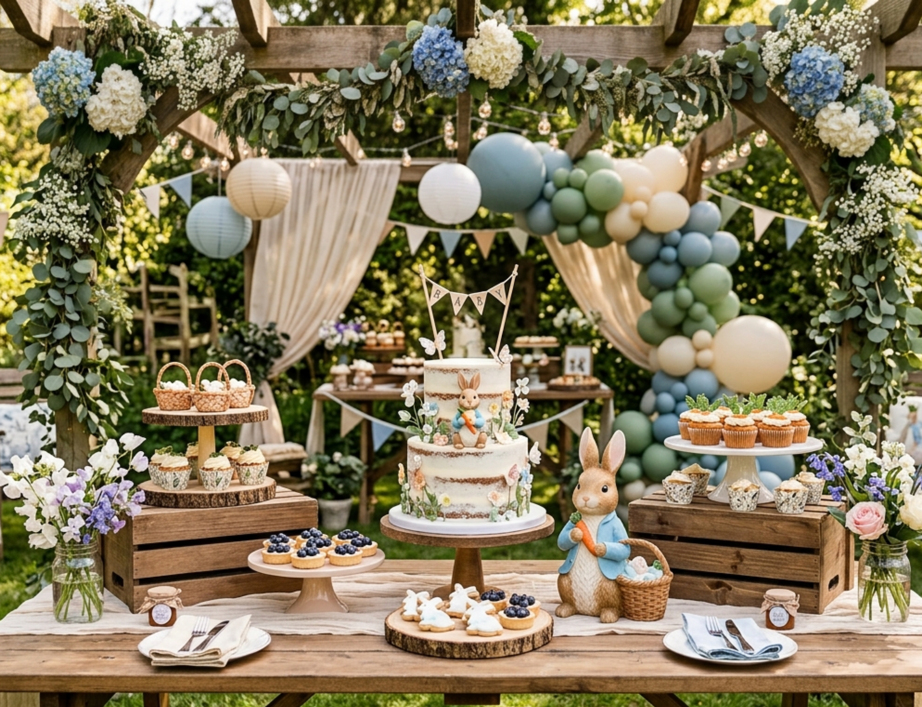 Peter Rabbit baby shower theme with blue and white garden decorations