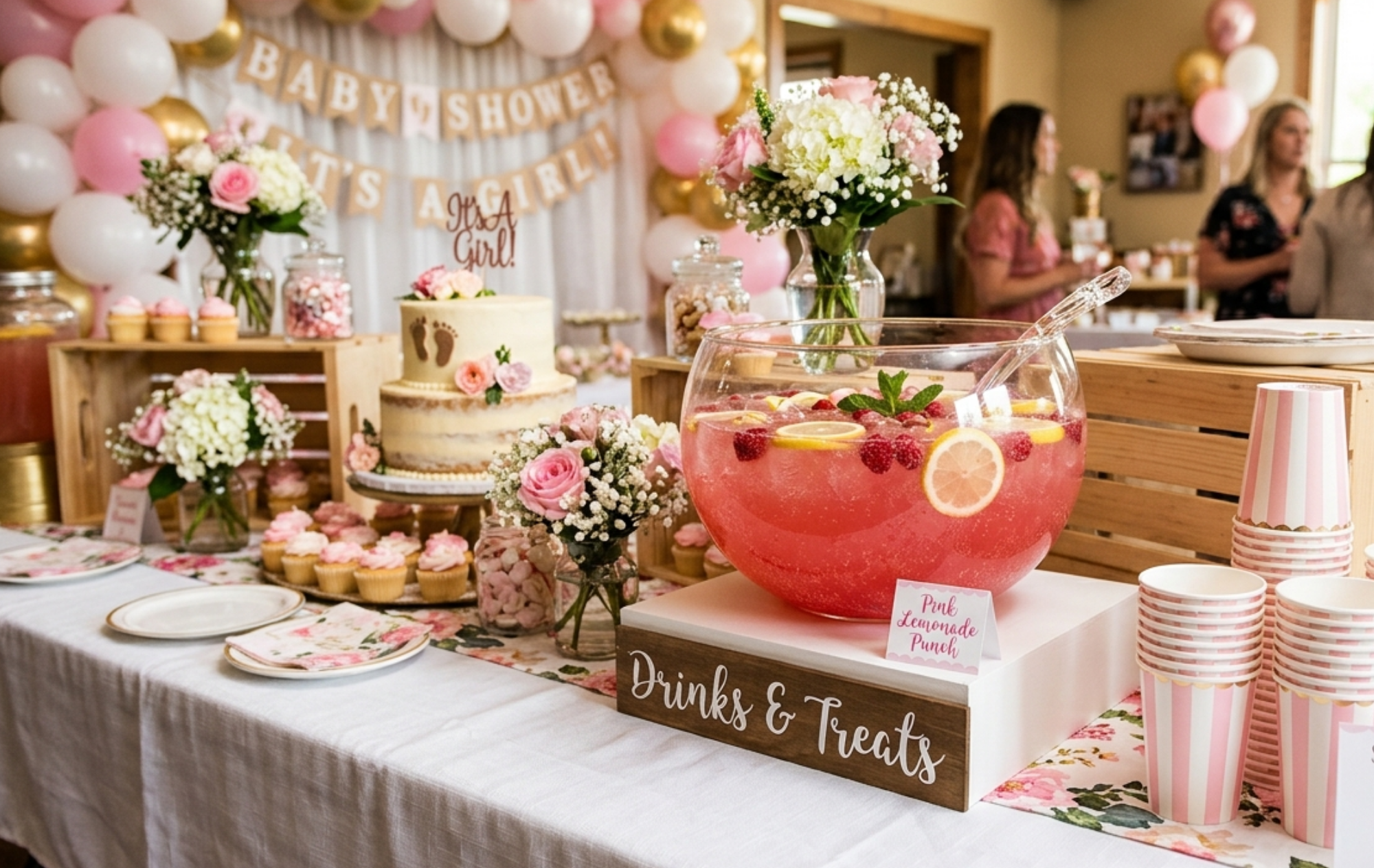 pink baby shower punch recipe with pink lemonade and ginger ale in a punch bowl