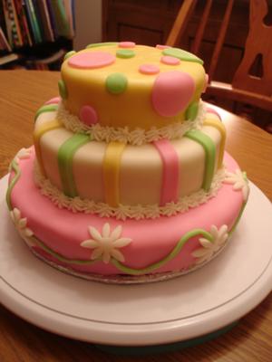 yellow and pink polka dot daisy baby shower cake Picture of a cute yellow and pink polka dot daisy baby shower cake