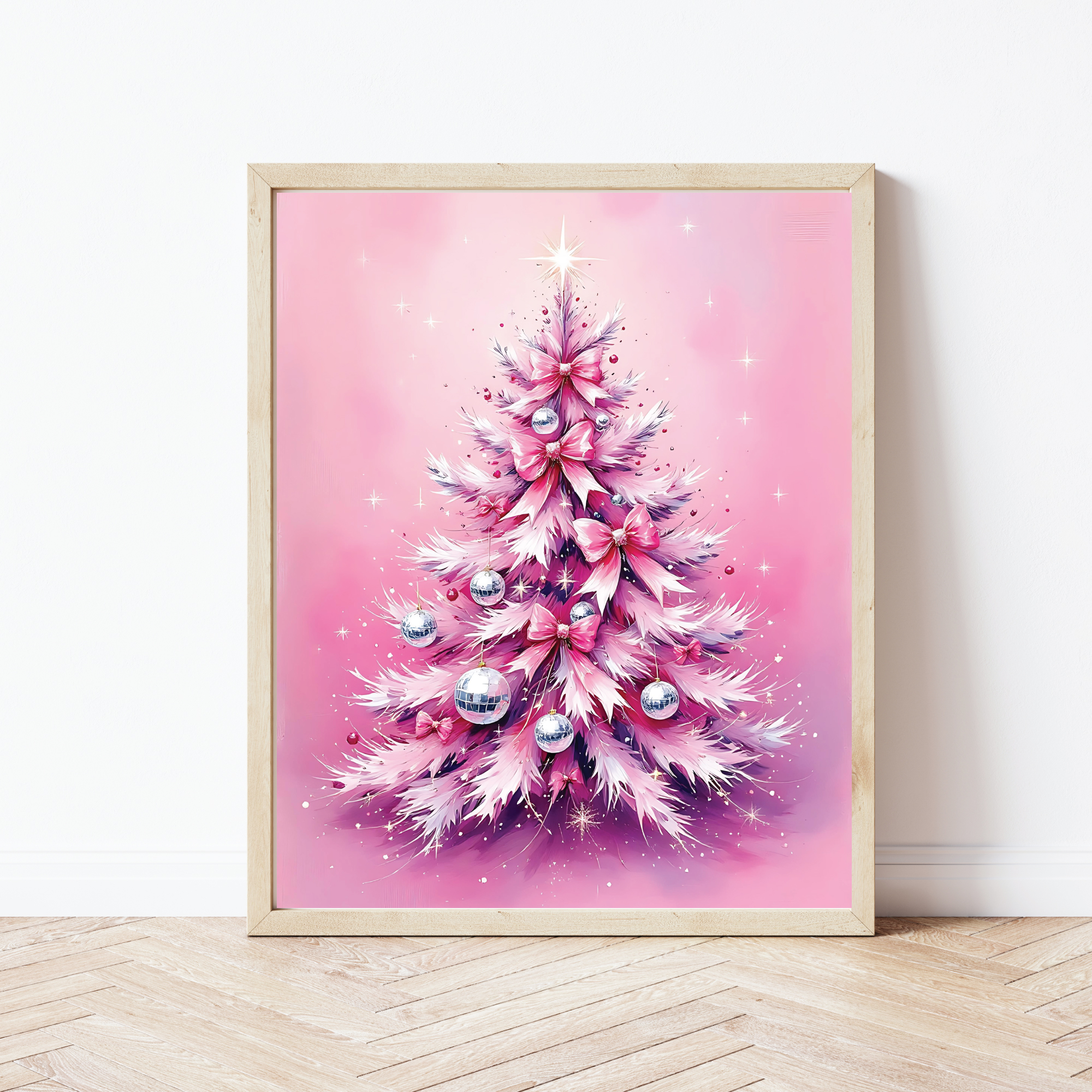 Free Printable Pink Christmas Tree Wall Art With Disco Balls And Bows