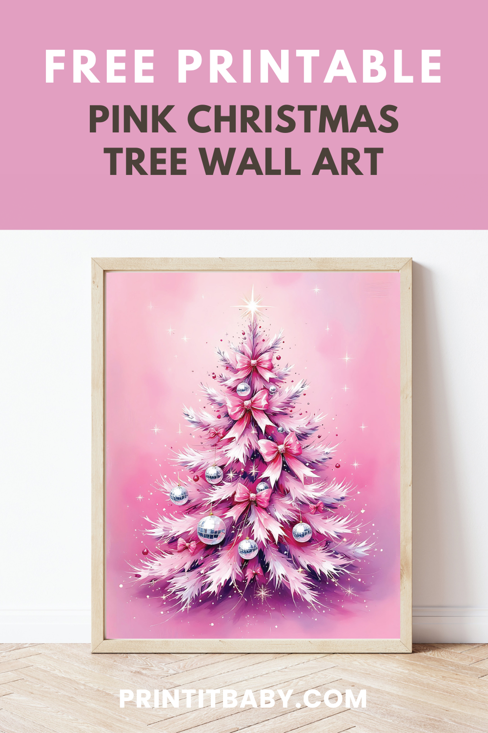 free printable pink Christmas tree wall art