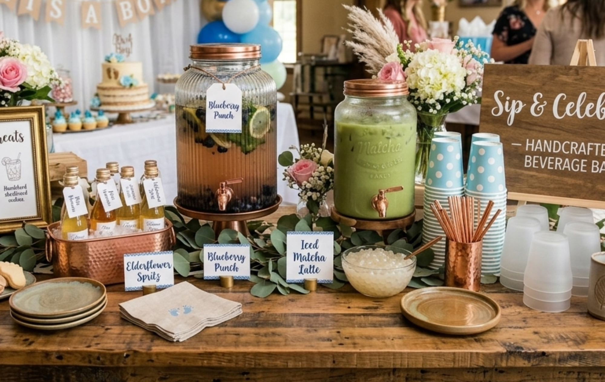 baby shower punch drink station setup with glass dispensers and garnishes