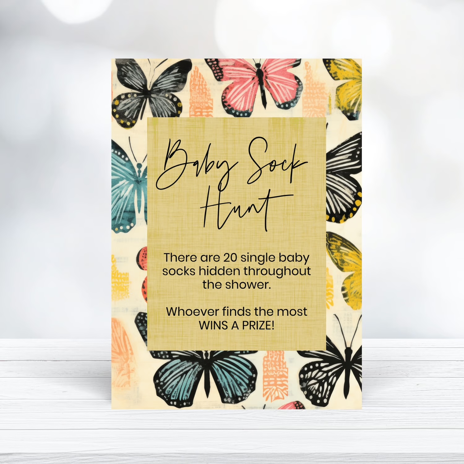 Printable baby shower sock hunt game butterfly theme