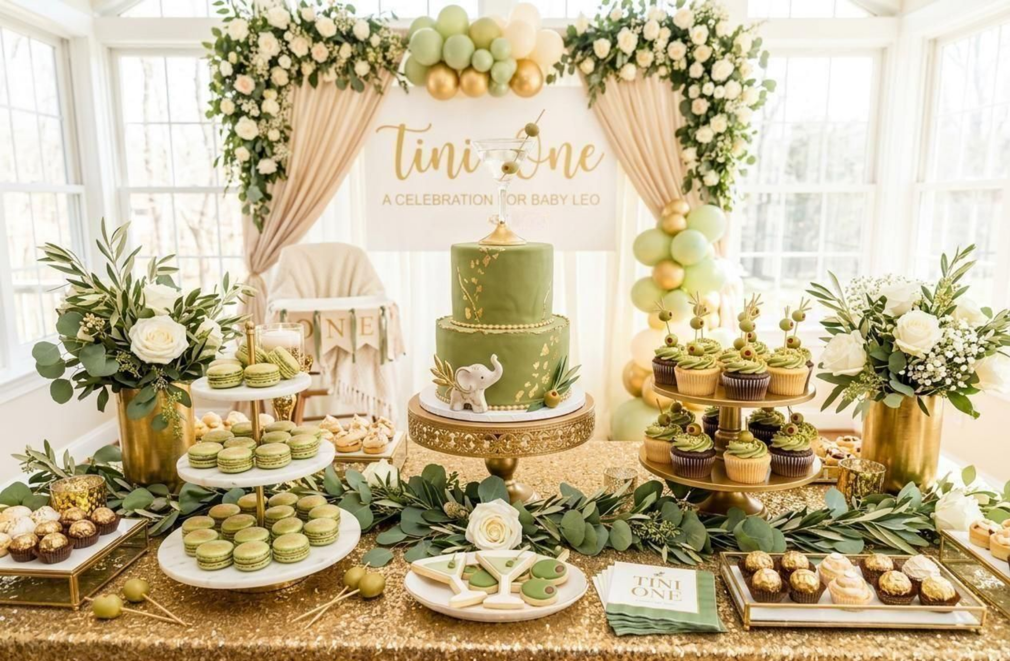 martini baby shower dessert table with tiered cake martini glass topper green macarons and gold details