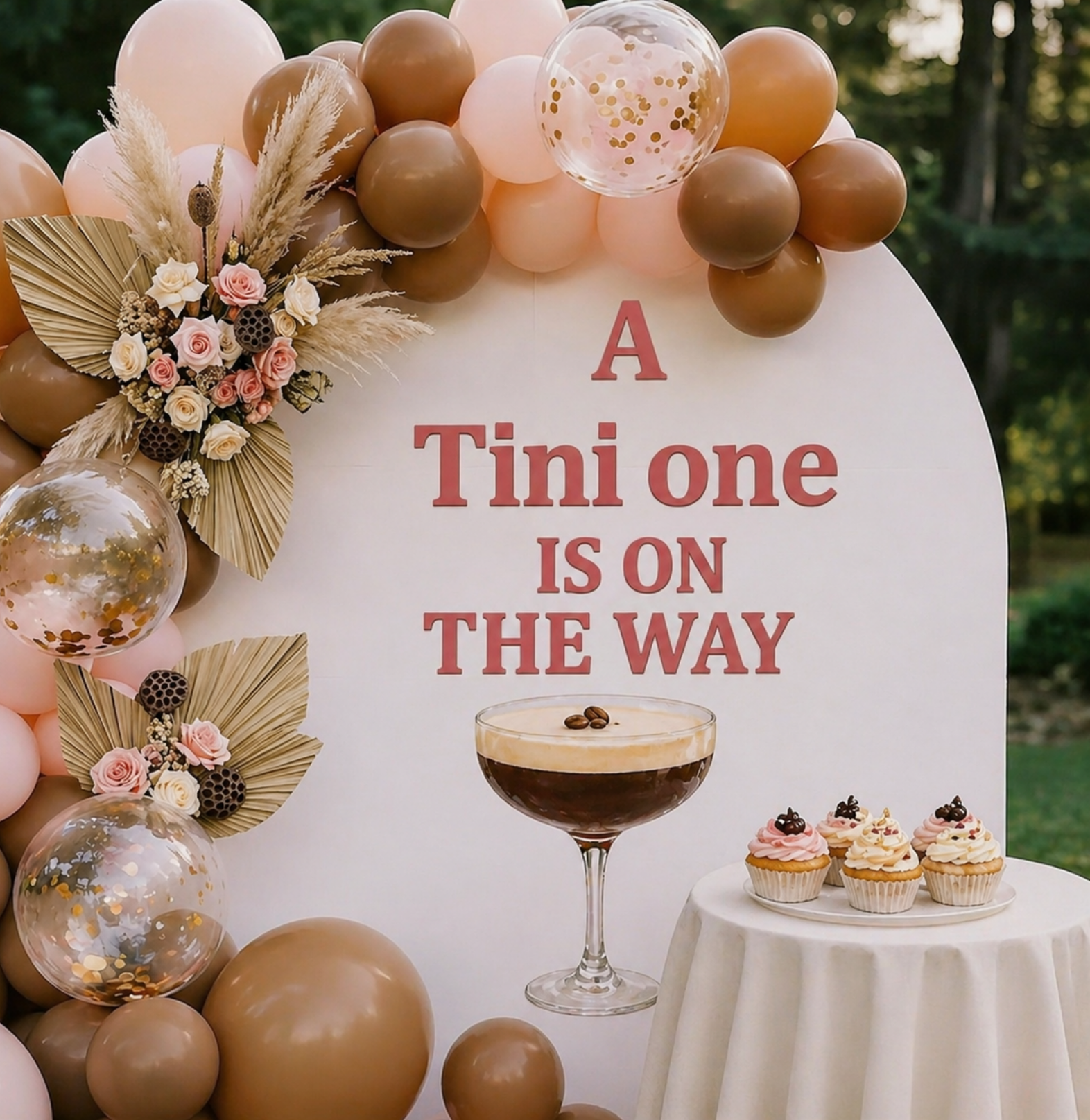 espresso martini baby shower theme with brown caramel and cream decor coffee beans and elegant setup