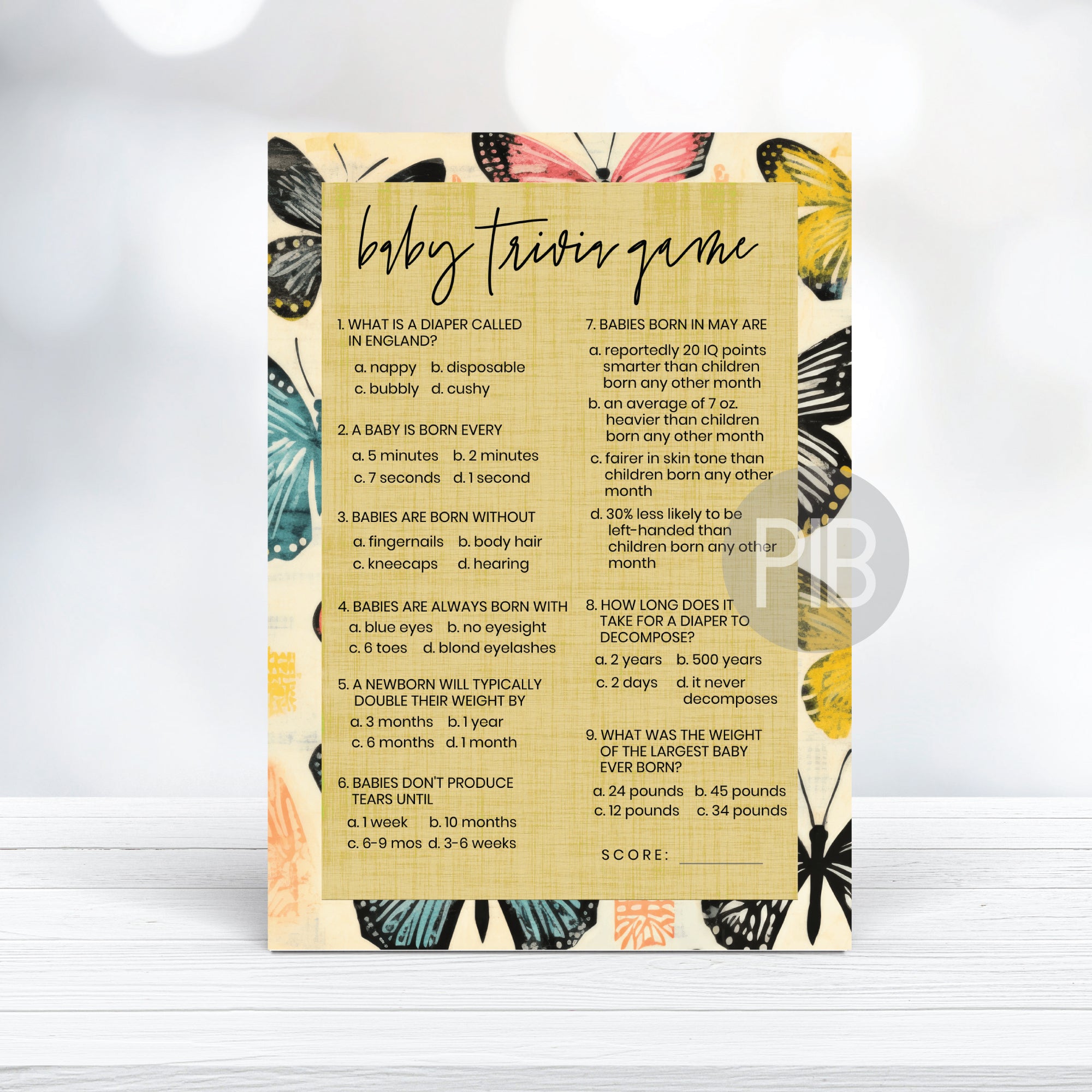 free printable butterfly baby shower trivia game