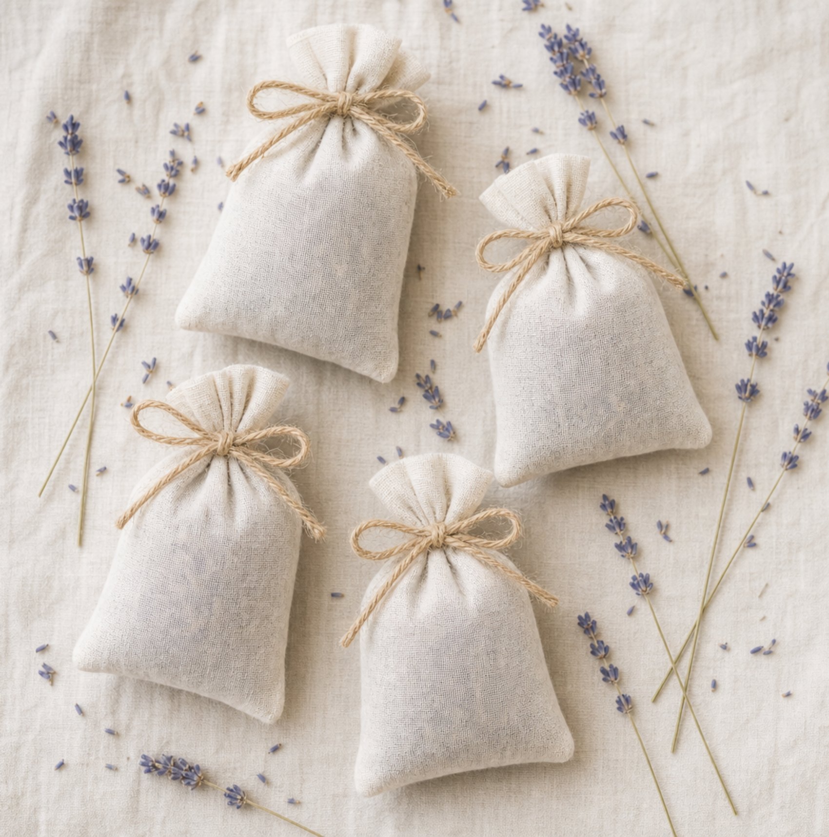 Natural muslin bags filled with dried lavender tied with twine on cream linen for locally grown shower favors