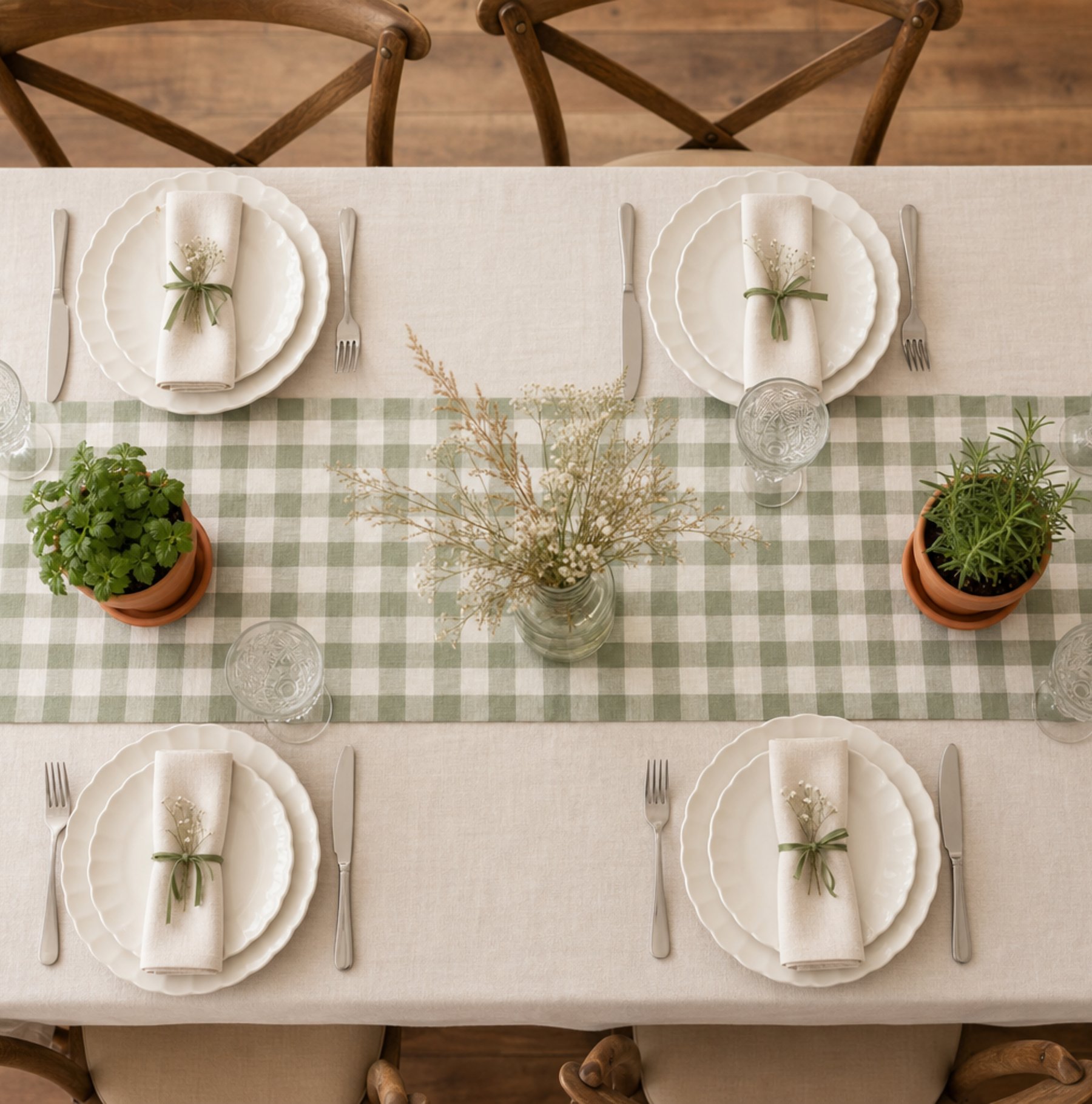 Sage gingham table runner layered over cream linen tablecloth for locally grown baby shower table