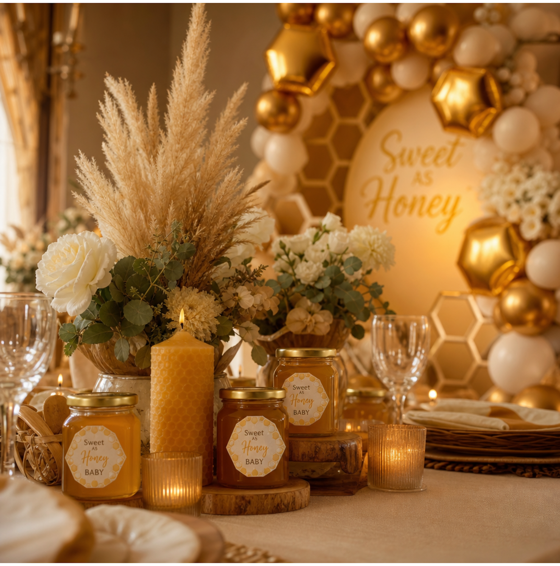 Sweet as honey baby shower decor with honey jars, beeswax candles and dried florals
