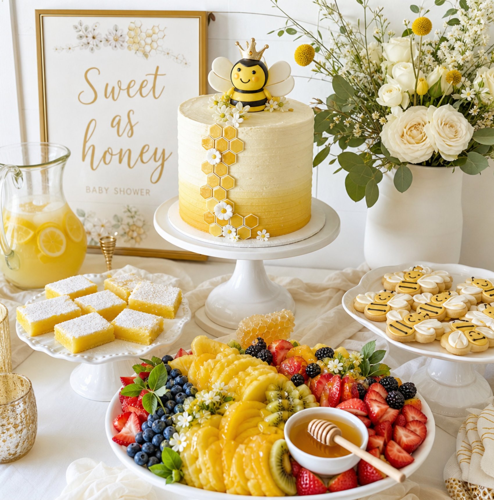 Sweet as honey baby shower food table with honey cake, lemon bars and bee cookies