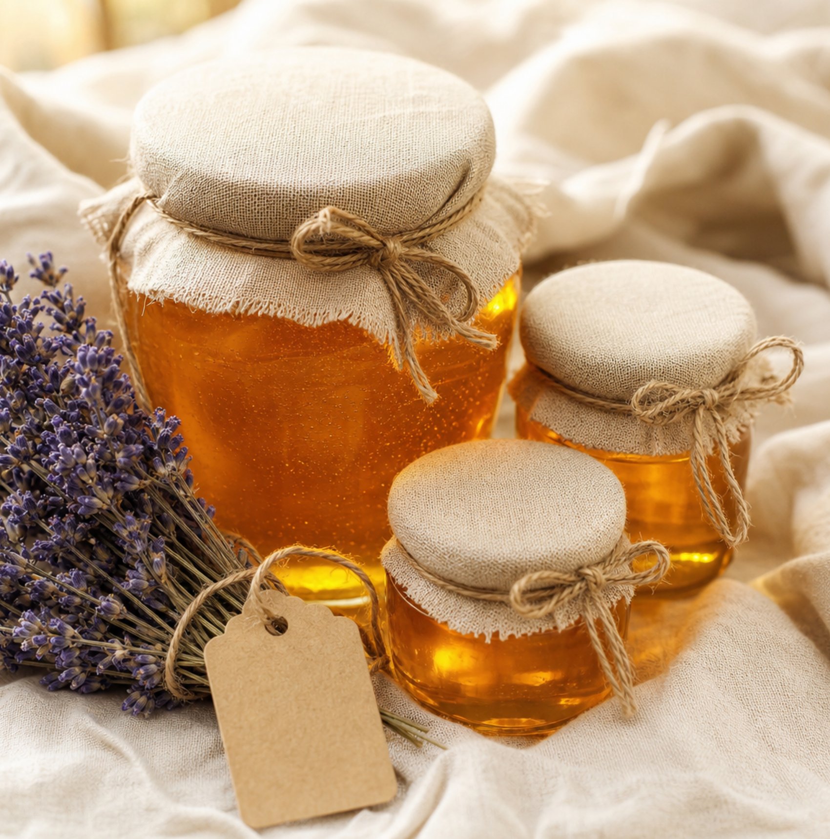 Amber honey jar arrangement with dried lavender and kraft tag for locally grown baby shower decor