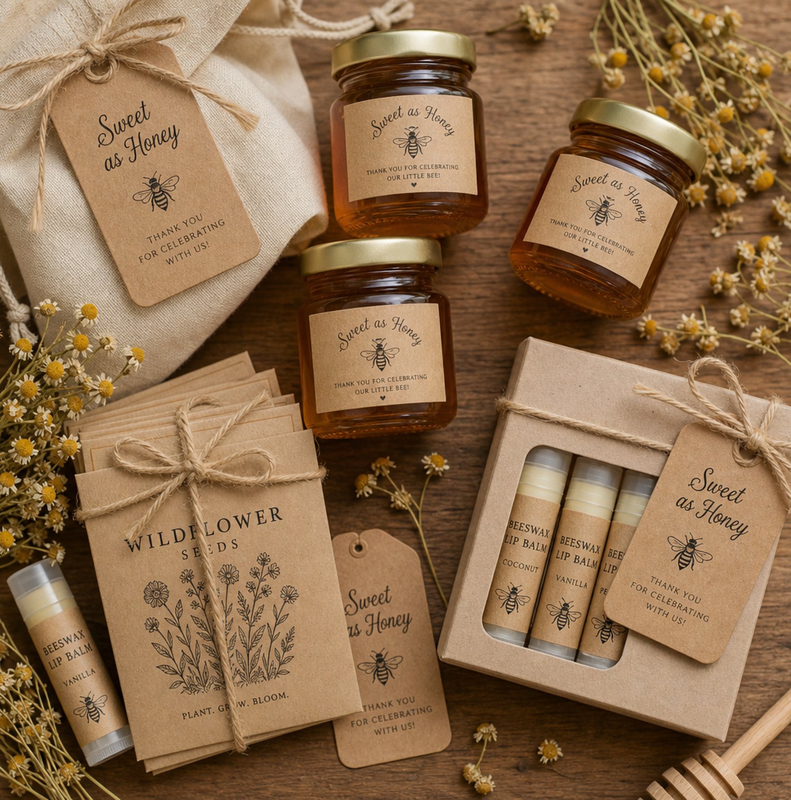 Sweet as honey baby shower favor flat lay with mini honey jars, beeswax lip balm and seed packets
