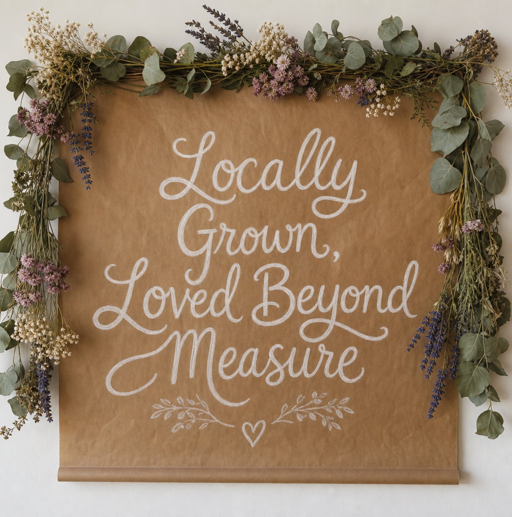 Kraft paper backdrop sign reading Locally Grown Loved Beyond Measure framed with dried eucalyptus and wildflowers