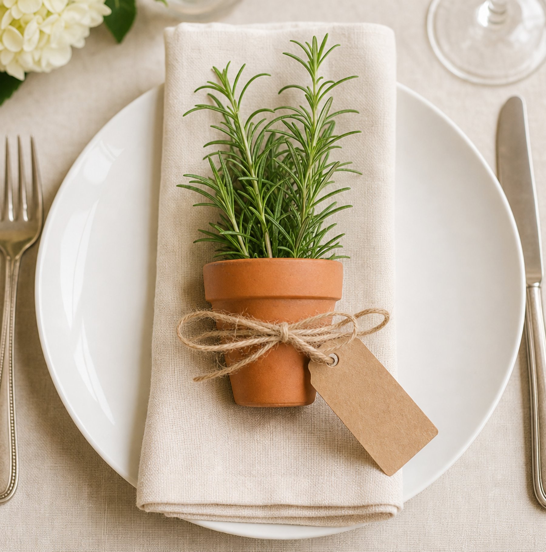 Terracotta herb pot place setting with rosemary, kraft name tag and cream linen napkin for locally grown shower