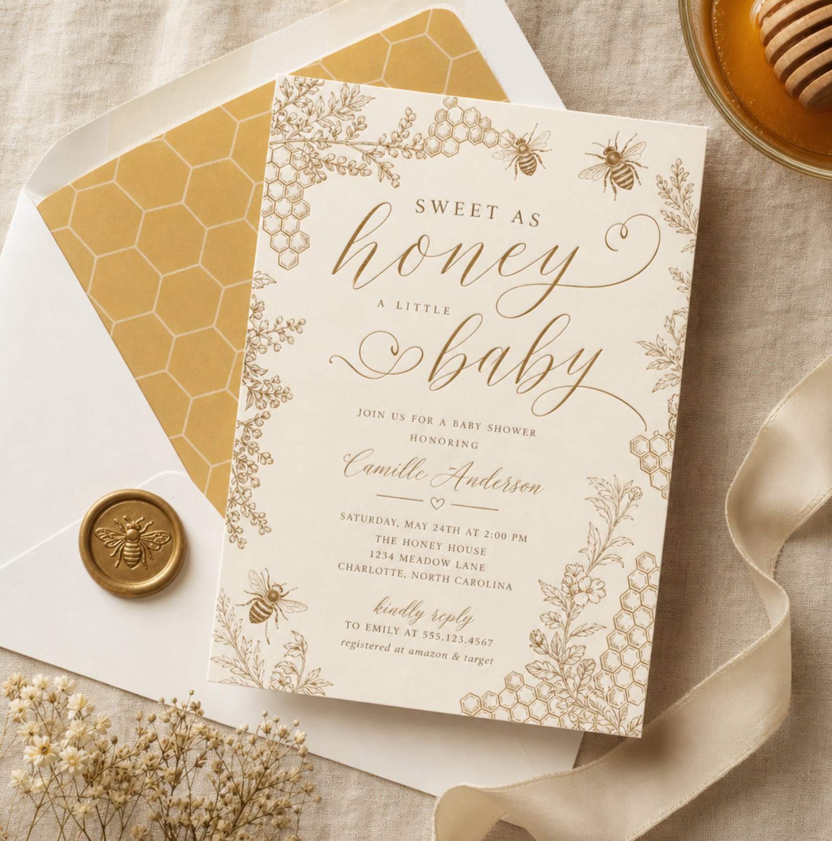 Sweet as honey baby shower invitation with bee illustration and honey yellow envelope liner