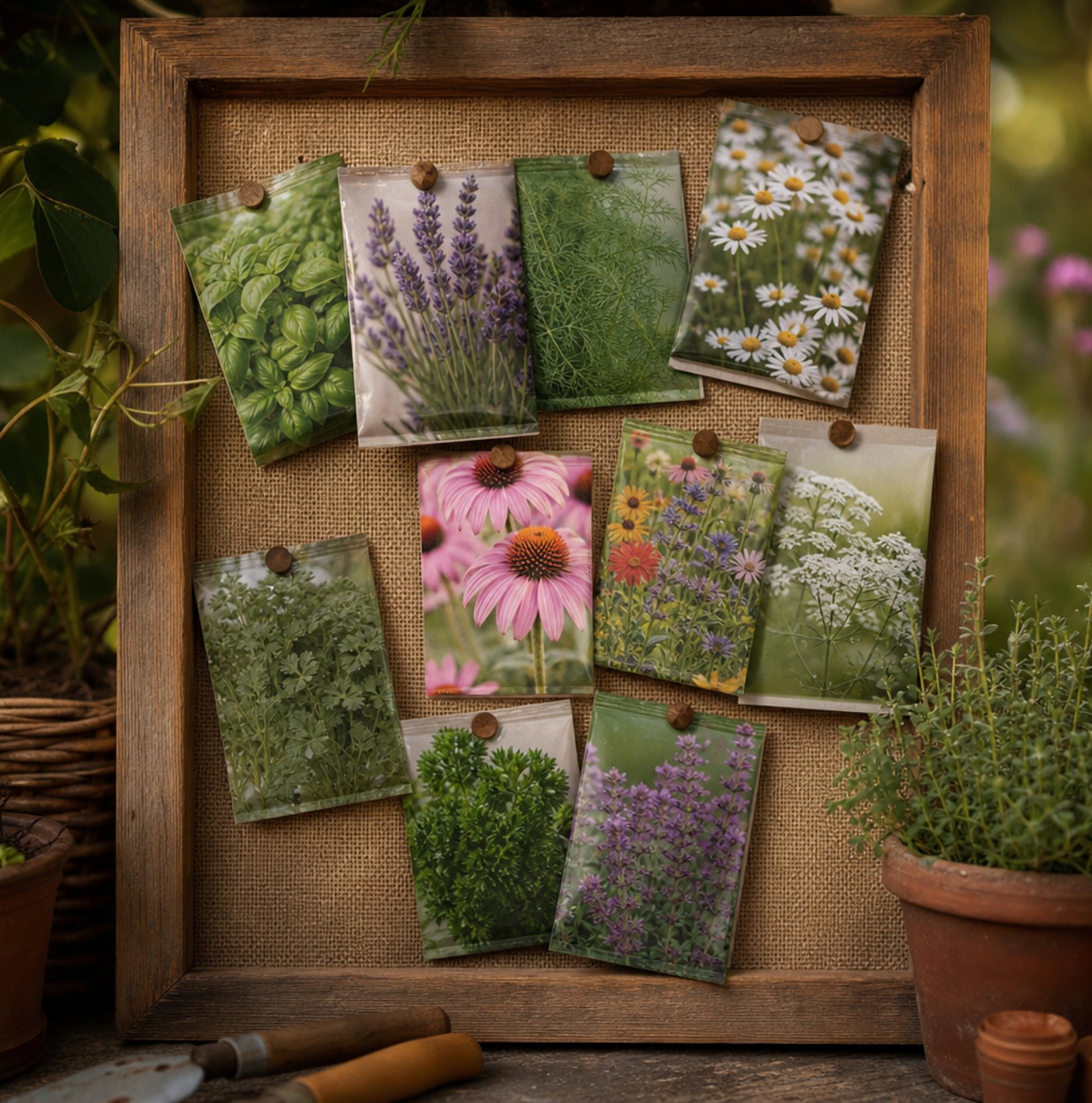 Burlap-wrapped corkboard with colorful seed packets pinned for locally grown baby shower favor display