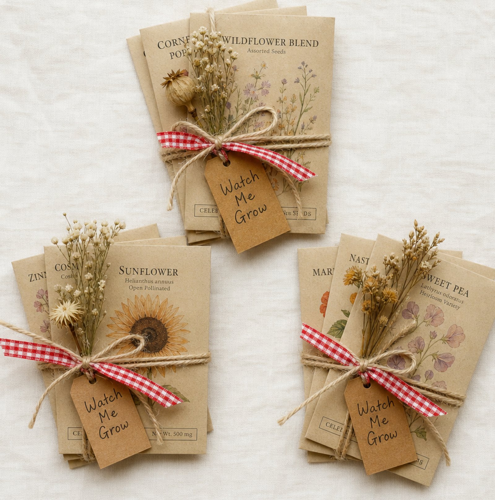 Seed packet favor bundles tied with natural twine and Watch it Grow kraft tag for locally grown baby shower