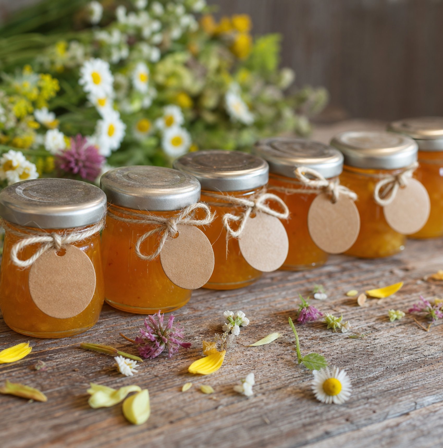 Row of small glass jam jars with kraft labels and twine on rustic wood surface for locally grown shower favors