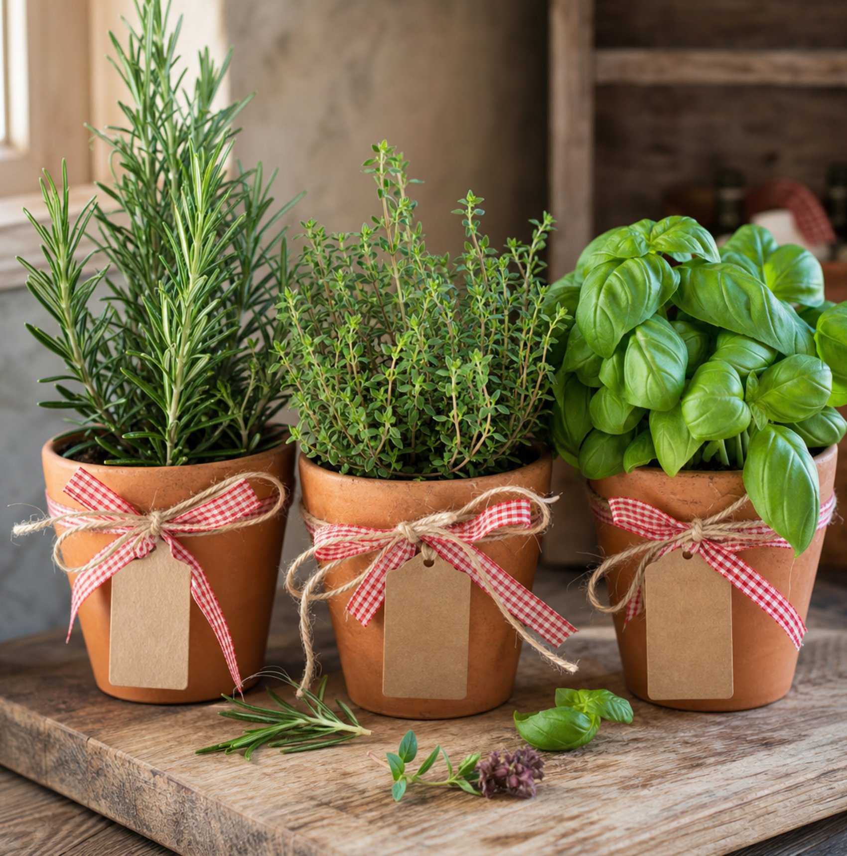 Small terracotta pots with rosemary thyme and basil and kraft tags as locally grown baby shower favors