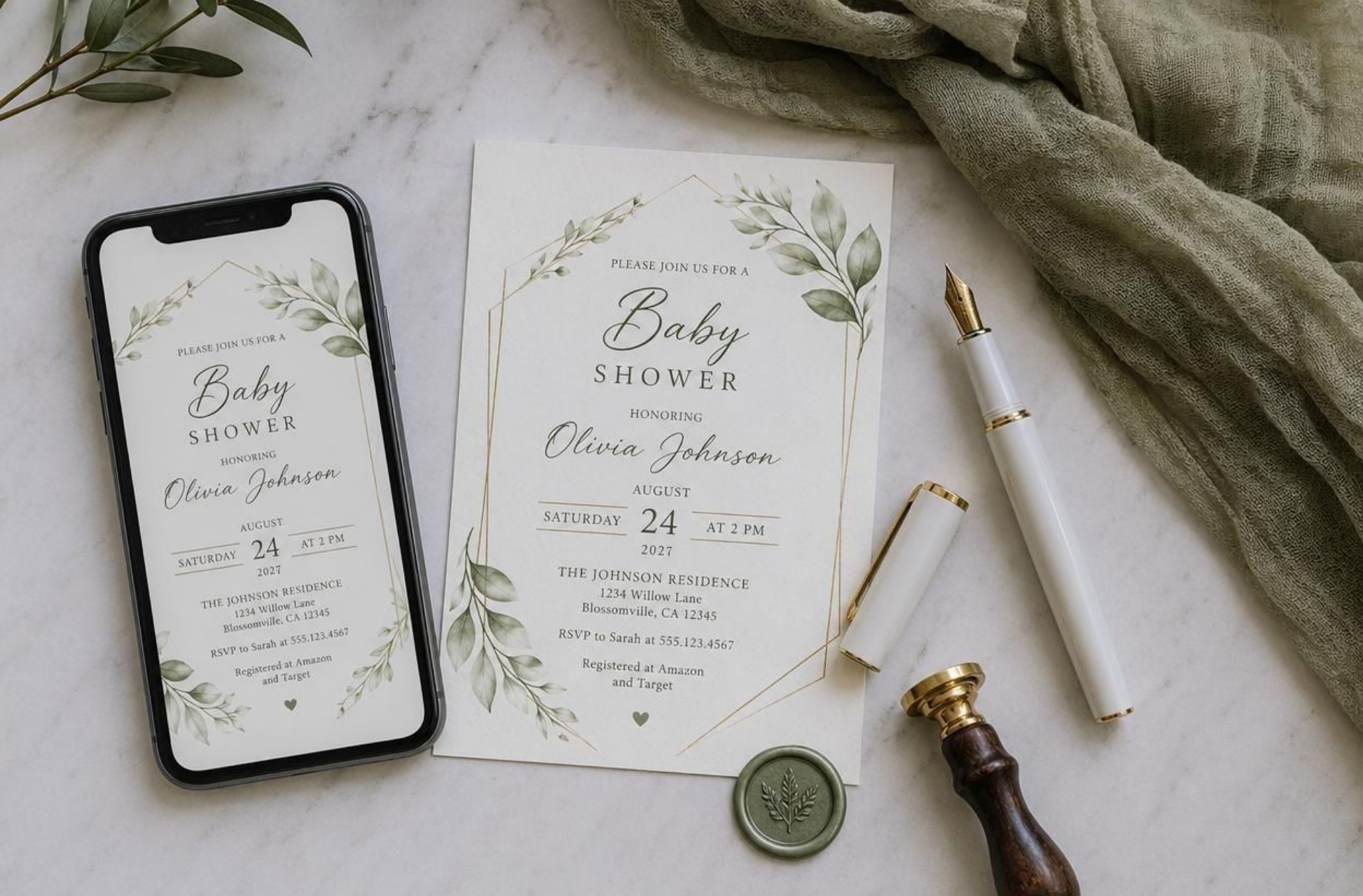 baby shower invitation flat lay with digital invite on phone printed invitation pen and wax seal on white marble