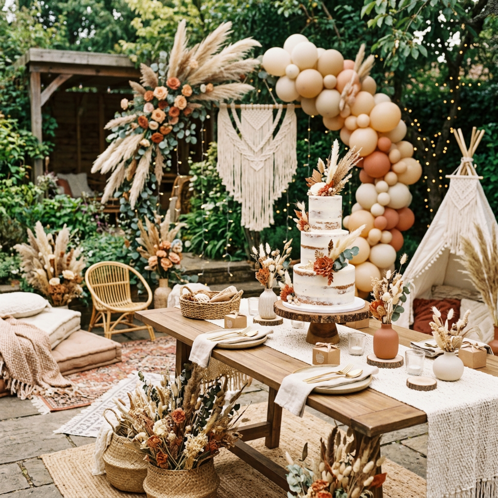 boho baby shower decorations with pampas grass, rattan, dried flowers and earthy neutrals