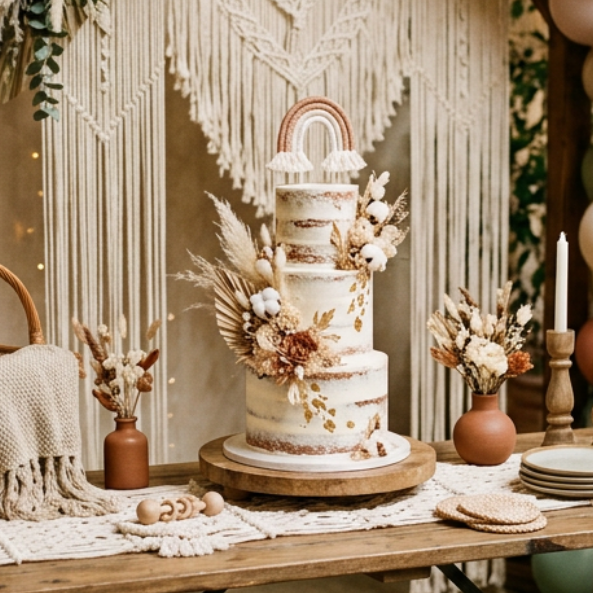 boho baby shower cake with dried flowers pampas grass and earthy neutral tones