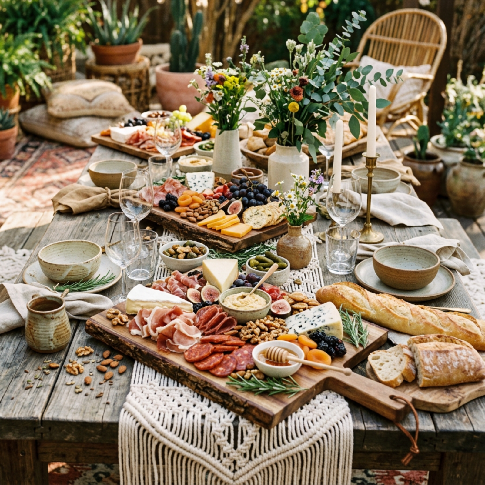 boho baby shower food table with charcuterie board, fresh fruit and dried flower garnishes