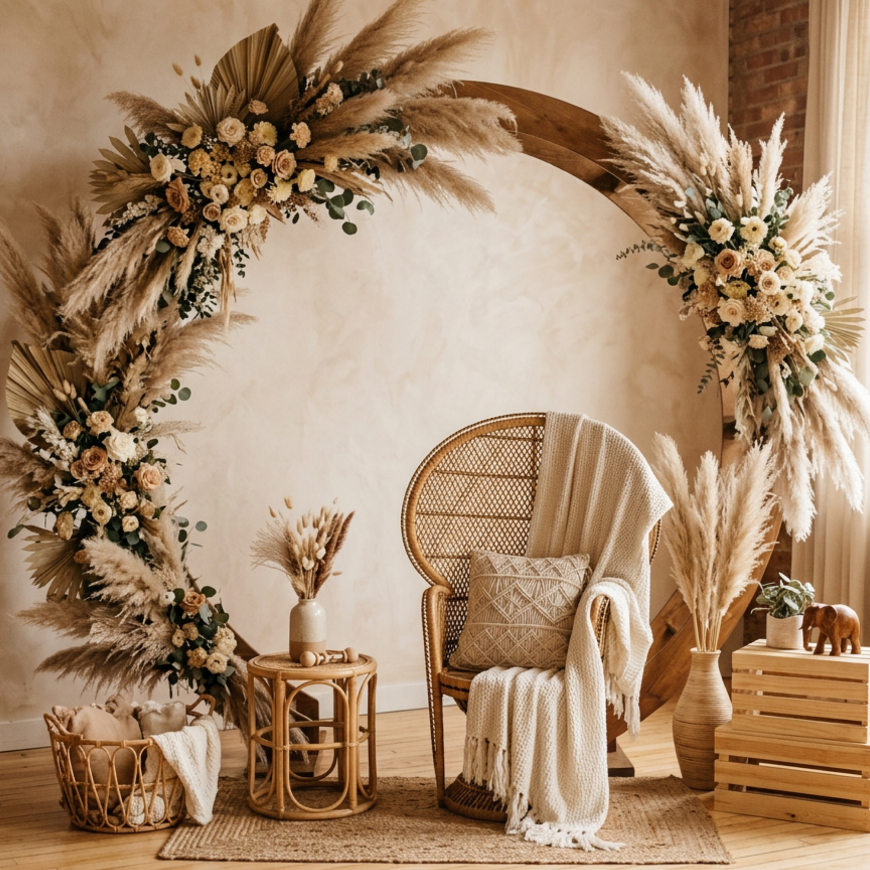 pampas grass baby shower decorations - boho style with dried florals and neutral tones