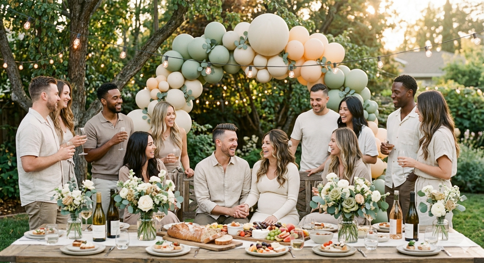 co-ed baby shower party with couples and friends laughing in a backyard with sage green balloon arch and string lights