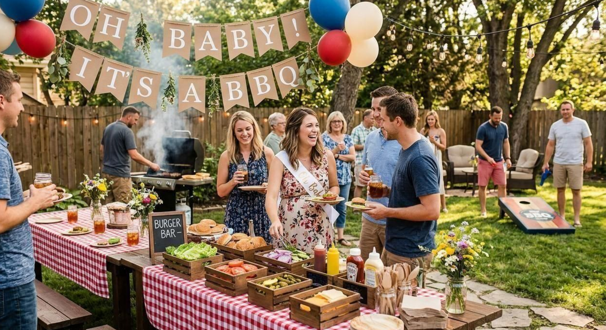 co-ed baby shower backyard BBQ setup with red gingham tablecloths burger bar and cornhole game