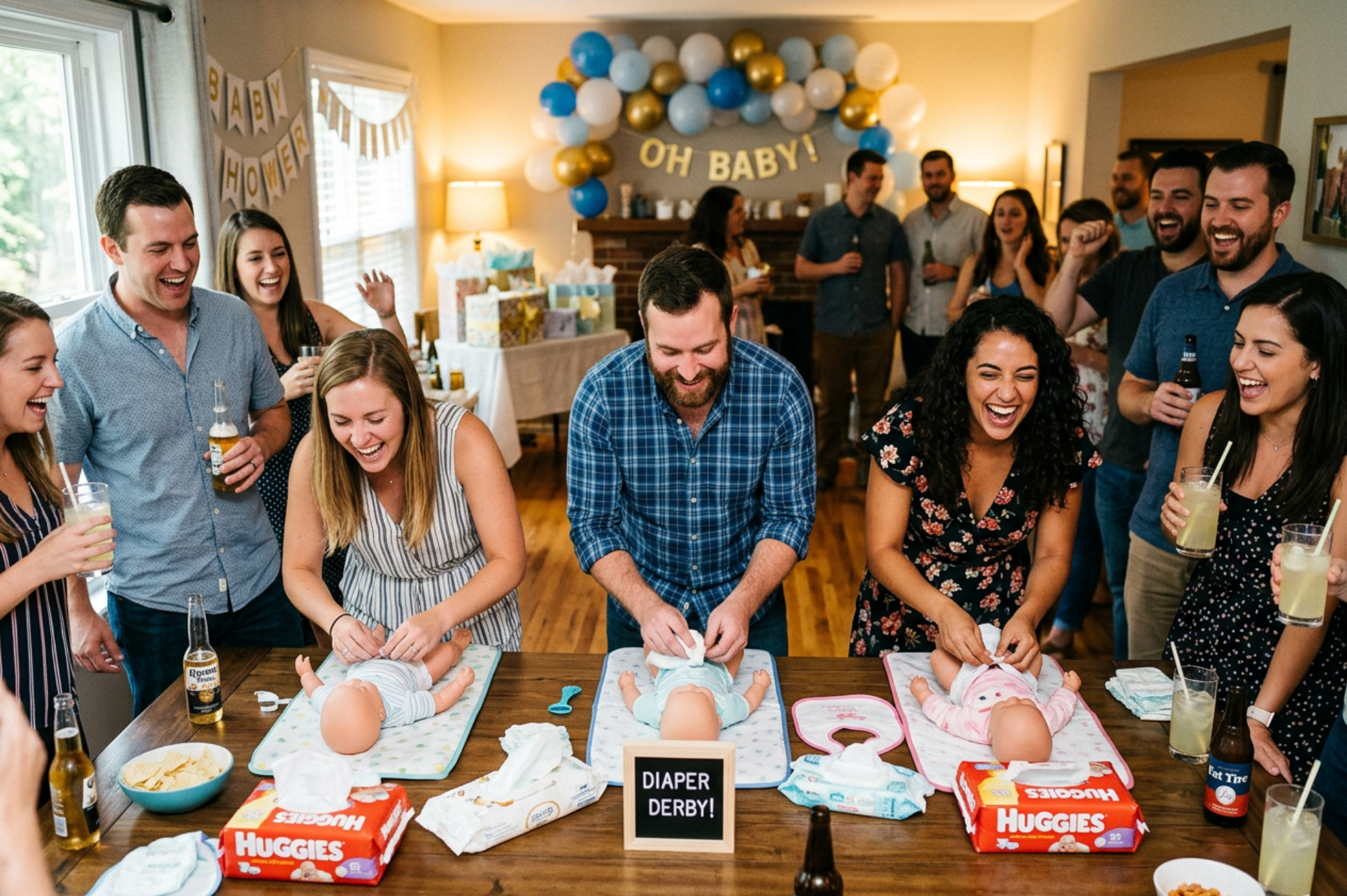 men and women laughing at co-ed baby shower games including diaper changing race with beer and lemonade on the table
