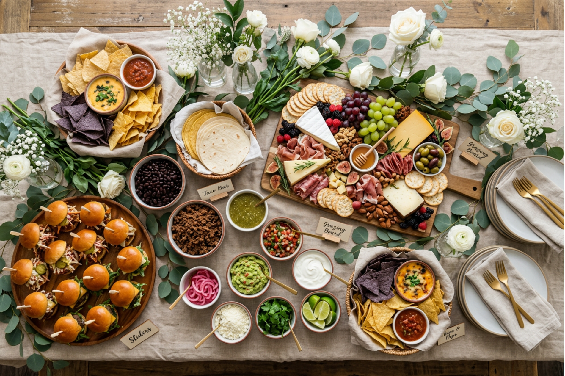 co-ed baby shower food spread with charcuterie board sliders taco bar and grazing table on neutral linen