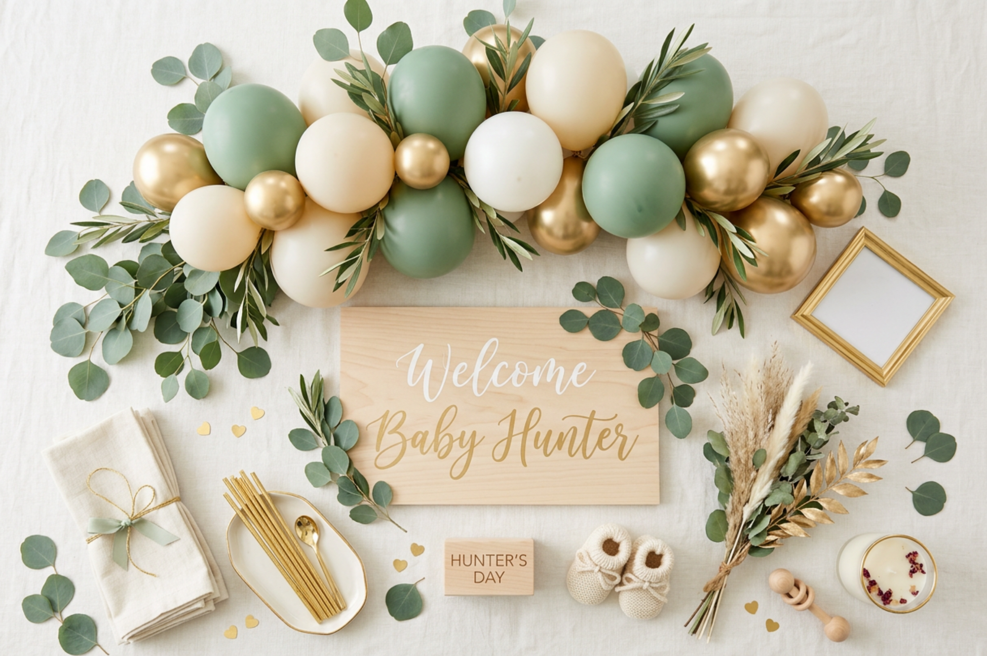 neutral gender neutral baby shower decor flat lay with sage green ivory and gold balloon garland eucalyptus and wood sign