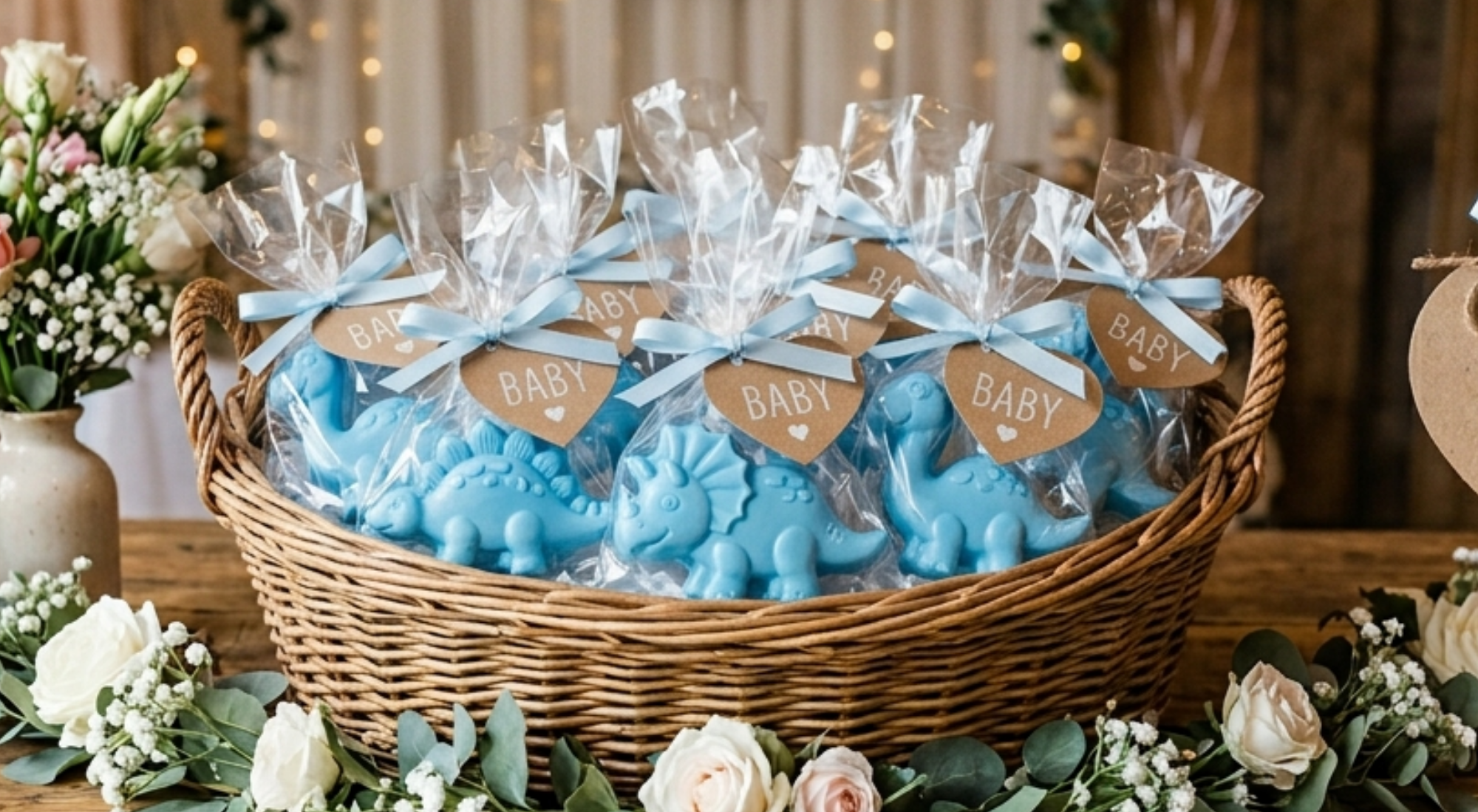 themed baby shower soap favor display on favor table