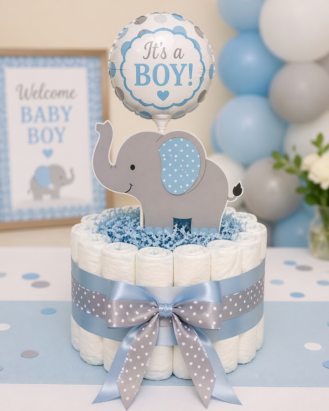 elephant baby shower diaper centerpiece idea for a boy shower