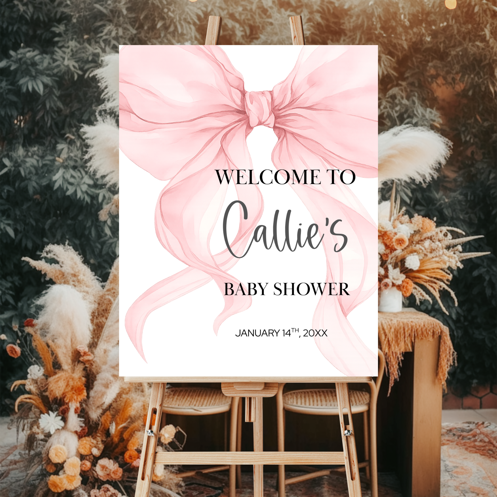 free printable pink bow baby shower welcome sign editable