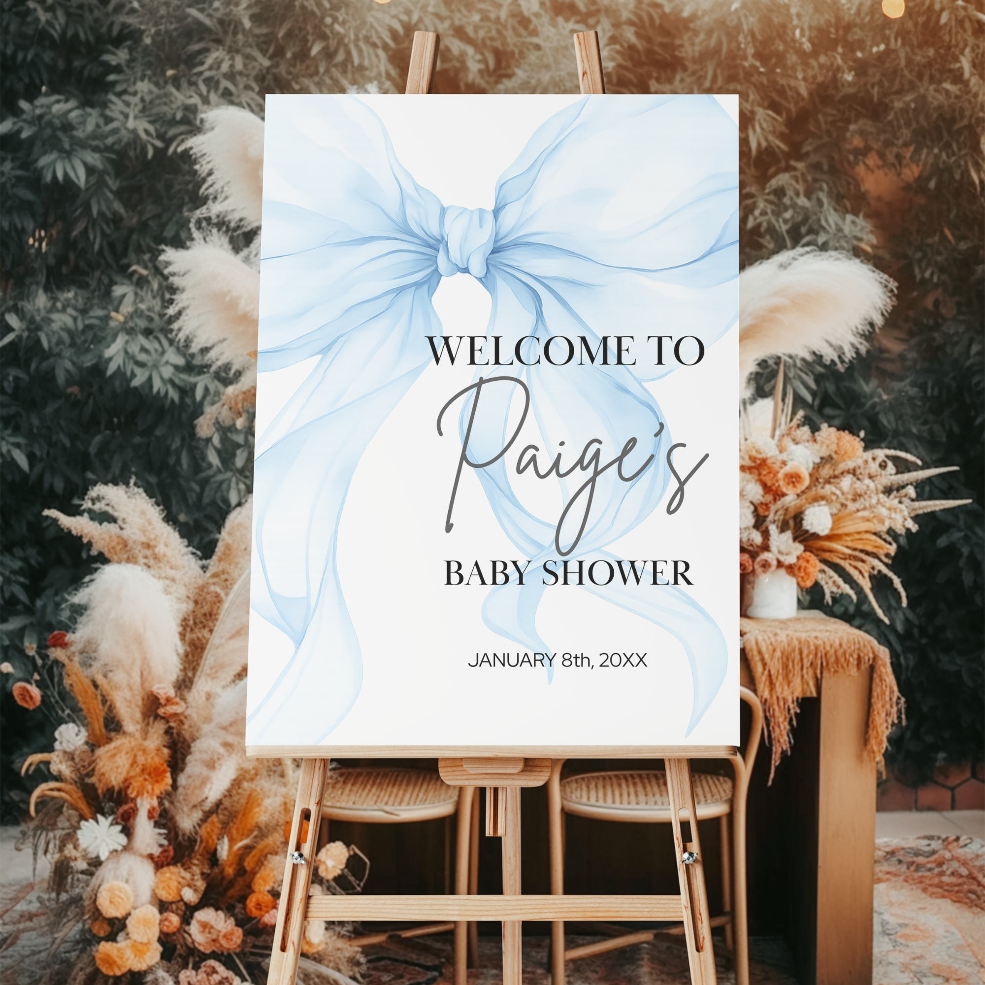 free printable blue bow baby shower welcome sign editable