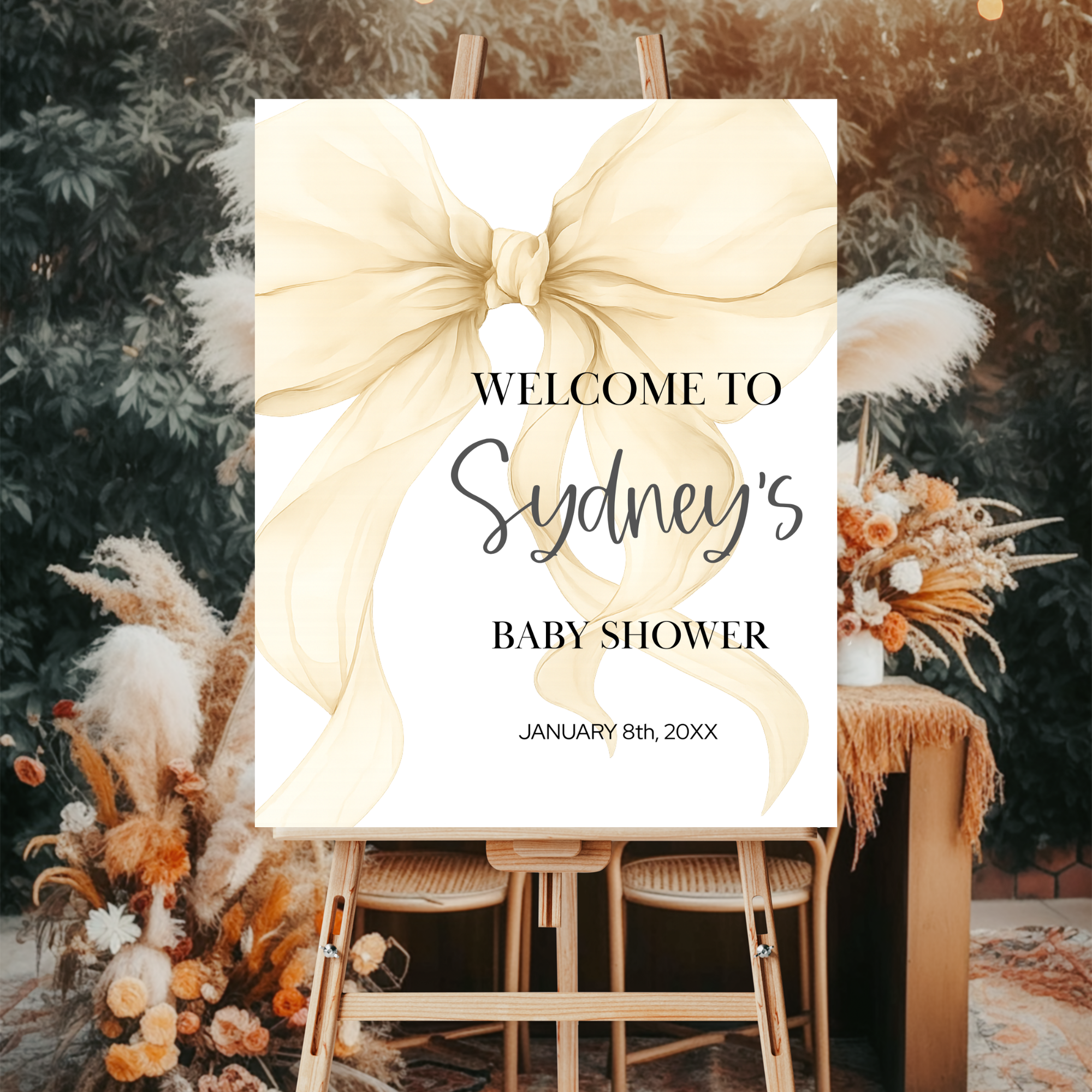 free printable beige bow baby shower welcome sign editable