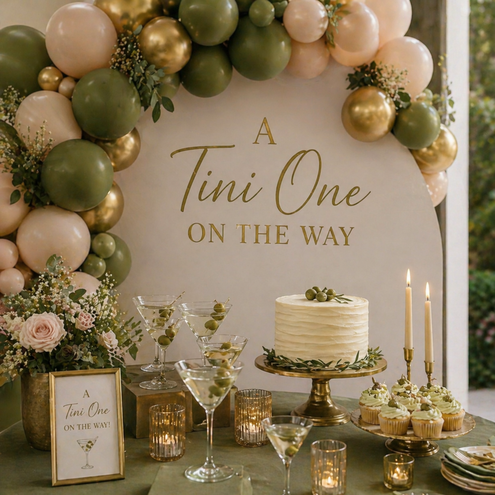 martini baby shower tablescape with olive green balloons gold banner and elegant decor