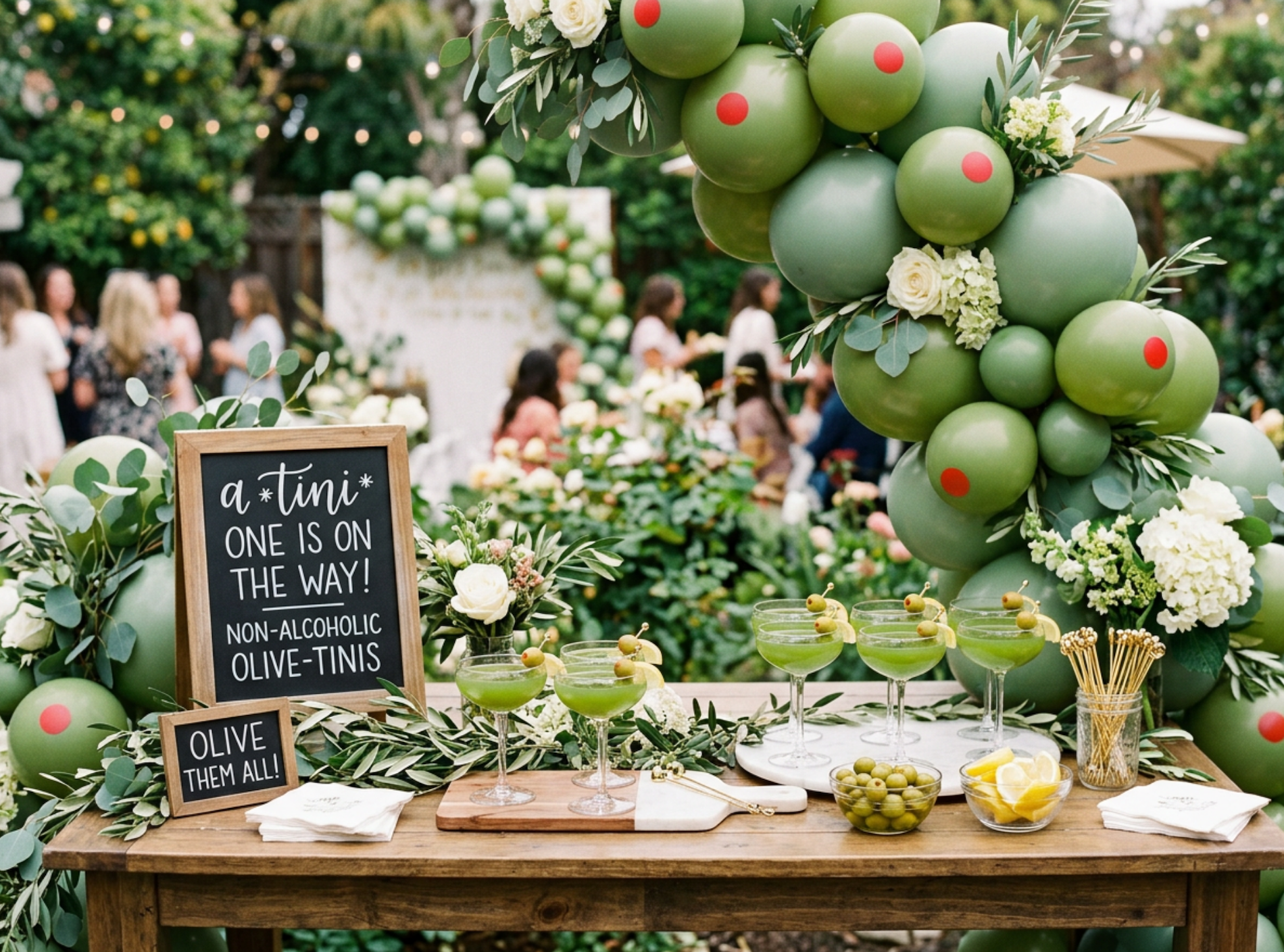 martini bar setup for baby shower with olive drinks coupe glasses and chalkboard sign