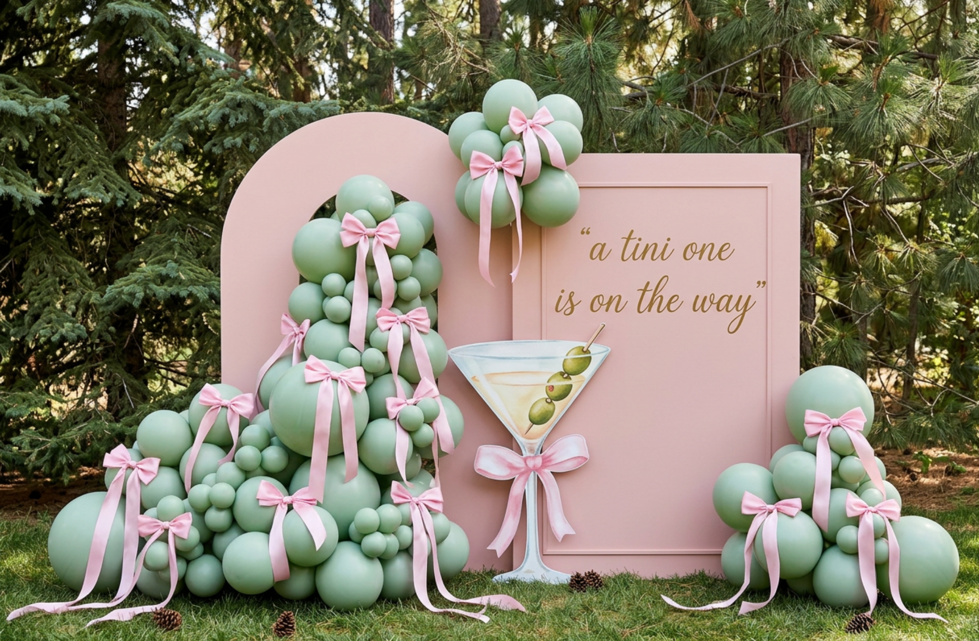 a tini one is on the way baby shower tablescape with olive green balloons and gold decor