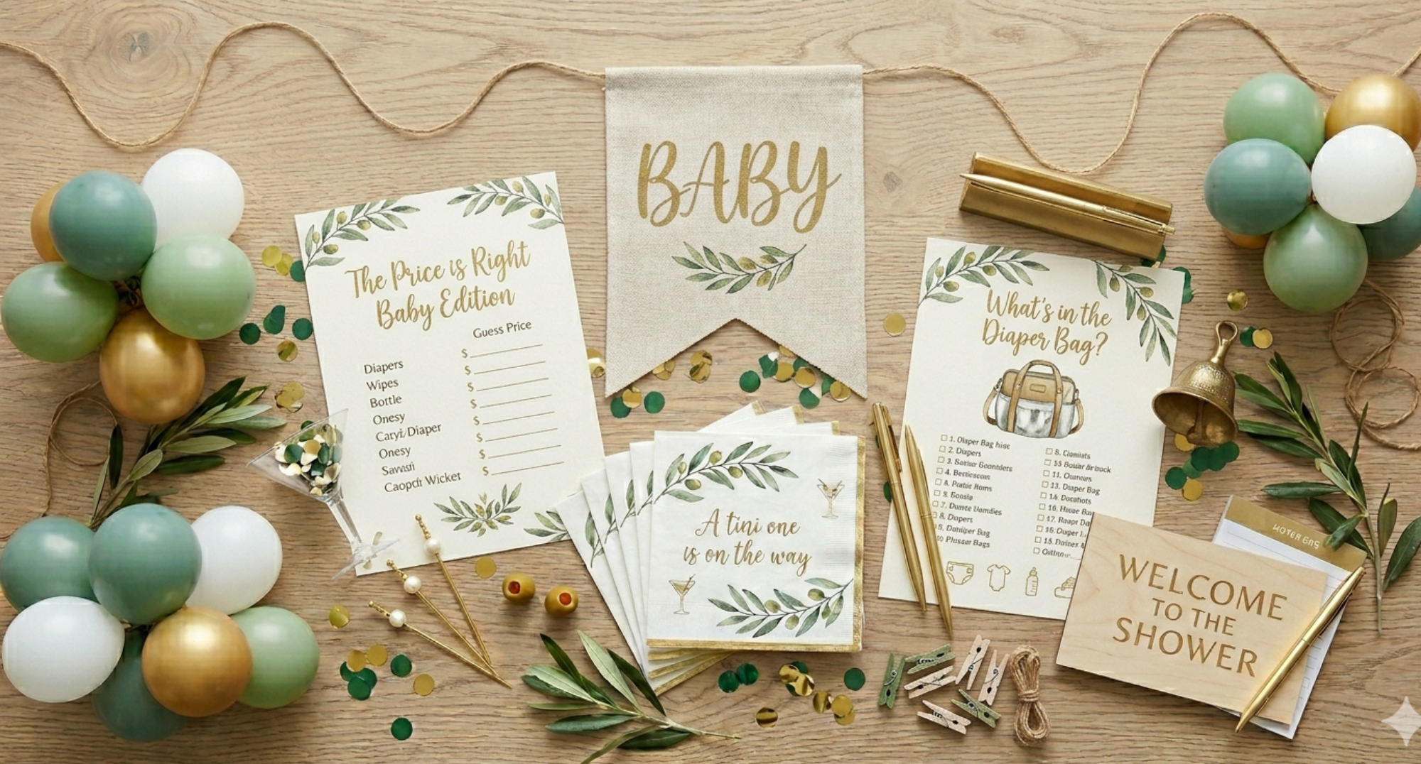 martini baby shower game cards and activity printables styled on a table
