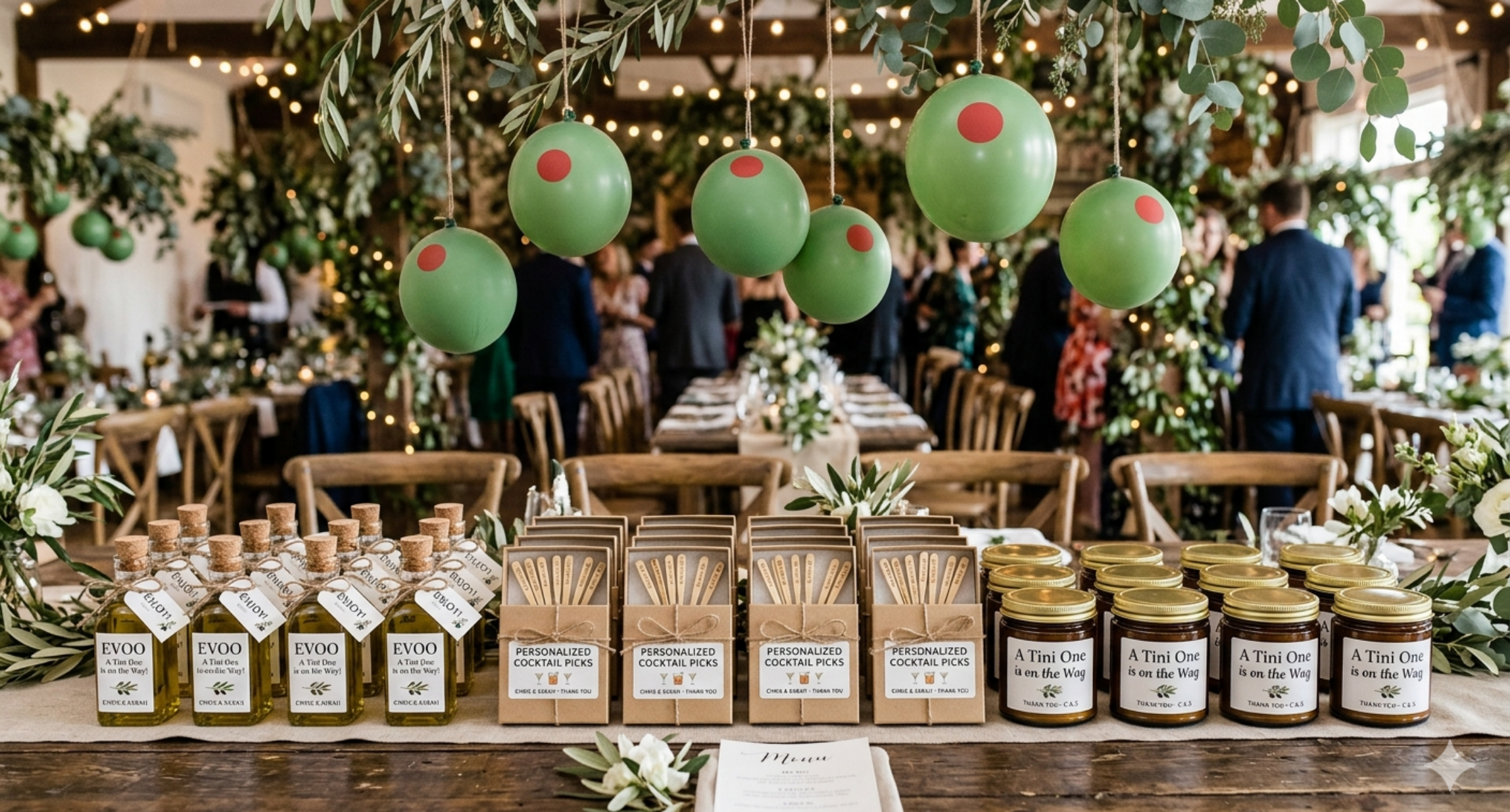 martini baby shower favor display with mini olive oil bottles cocktail picks candles and tini one tags