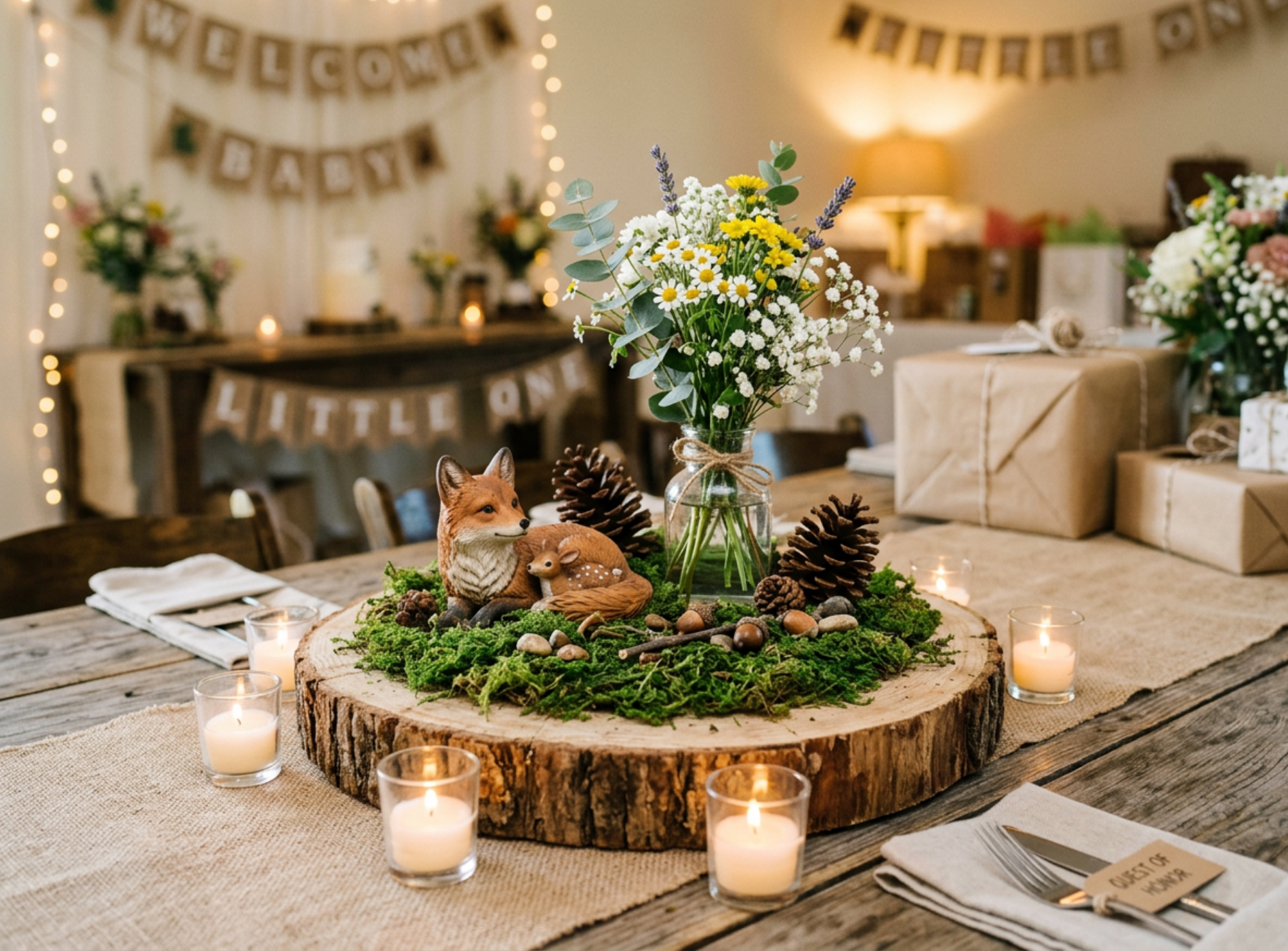 woodland baby shower diaper centerpiece with moss and woodland animals
