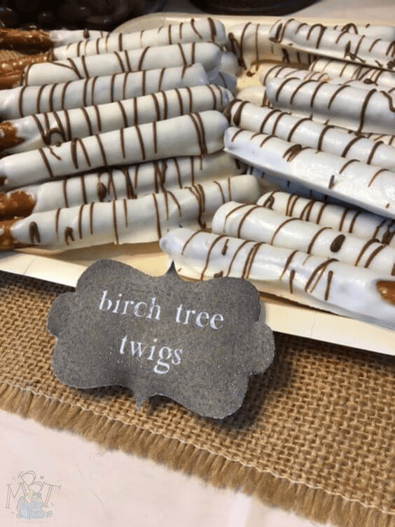 woodland baby shower birch twig chocolate pretzel rods - easy DIY recipe
