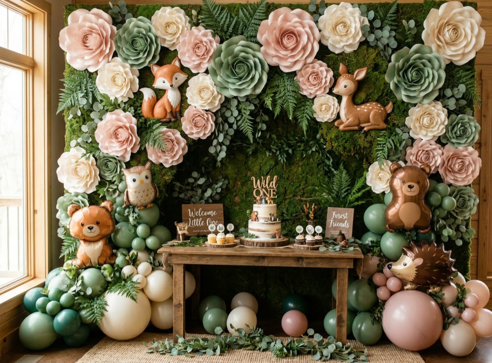 woodland animals baby shower flower backdrop